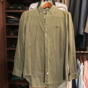 Army green button down Ralph Lauren shirt.
